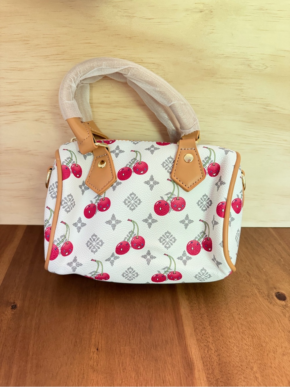White Cherry Print Boston Handbag with Tan Accents - Picture 2 of 4